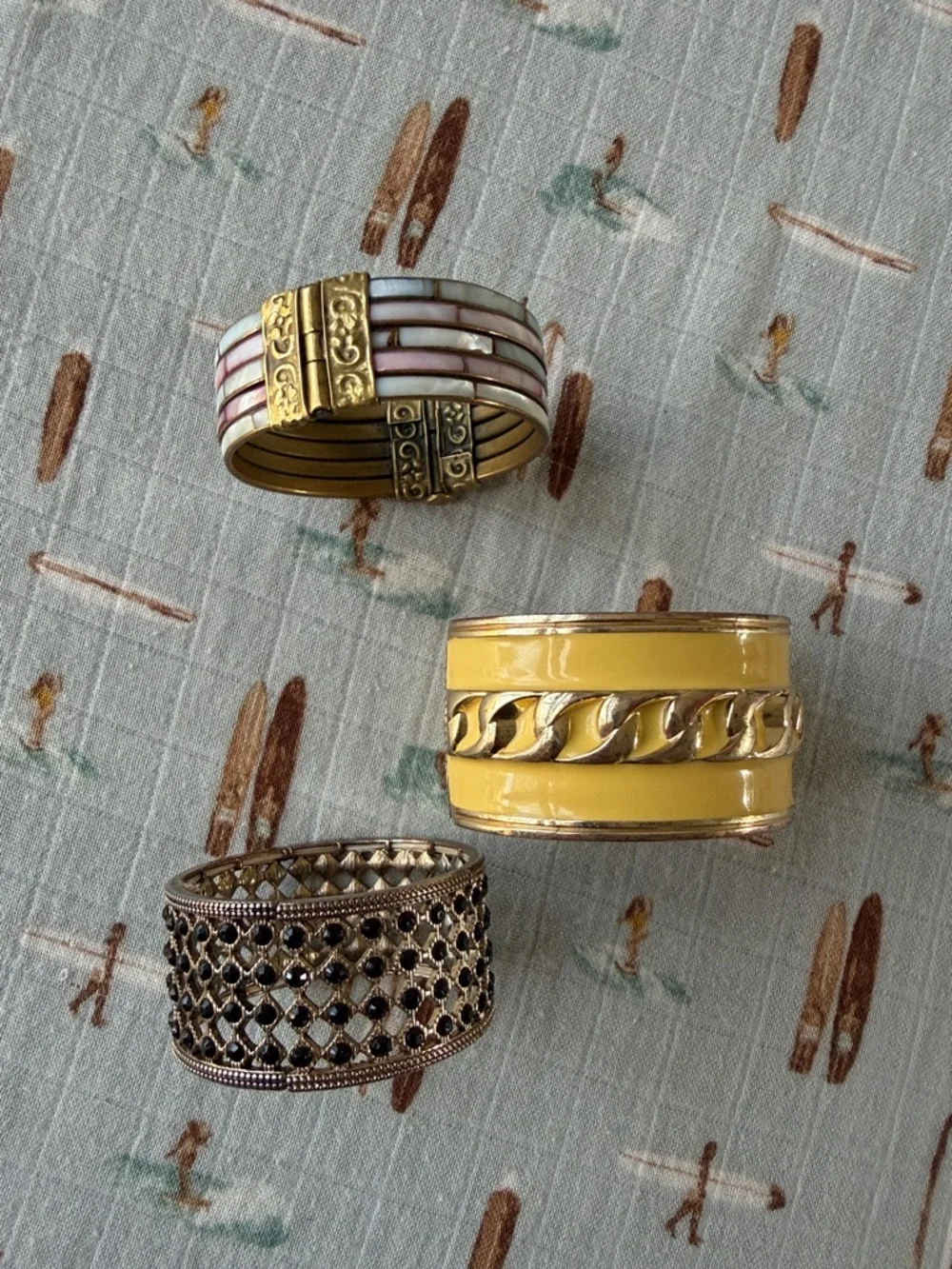 Set of 3 Gold-Tone Wide Bangle Bracelets with Enamel and Filigree